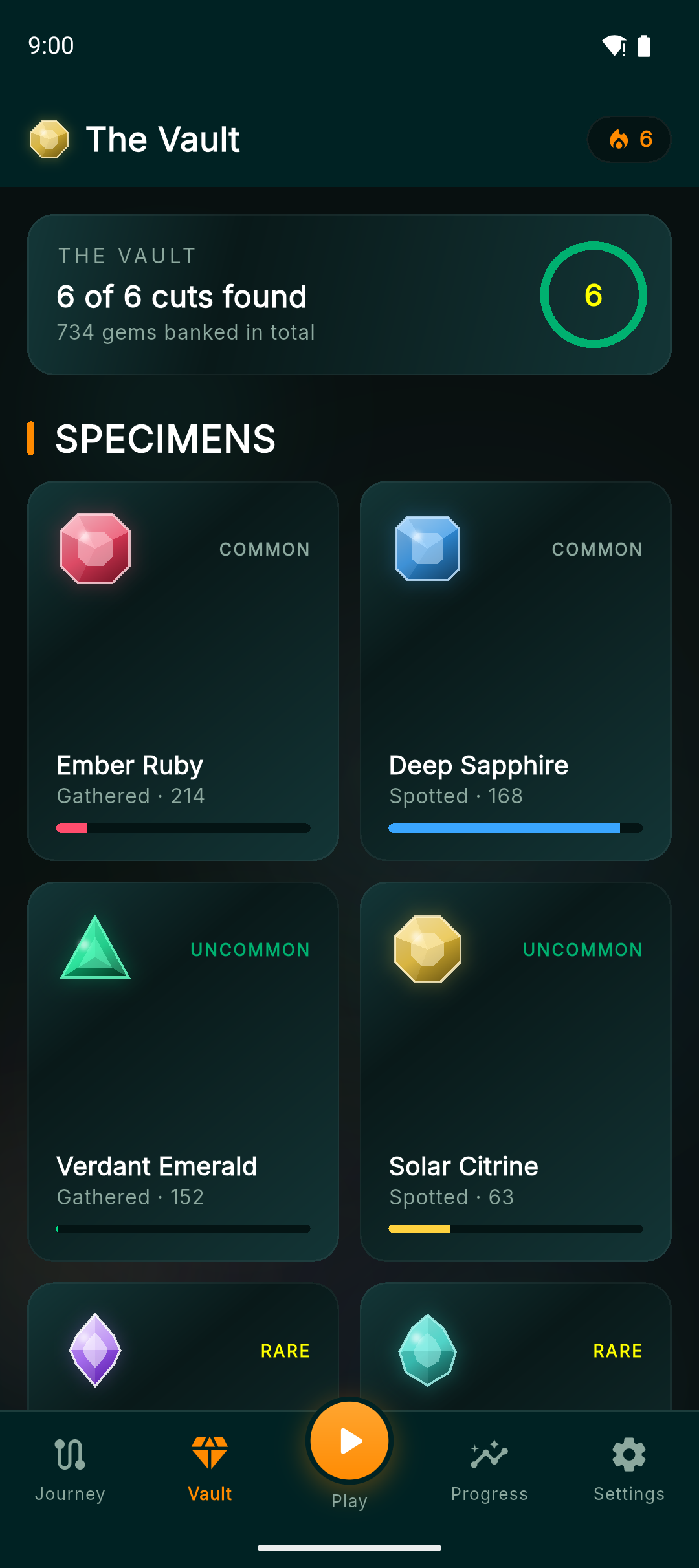 The Vault collection showing six gem families with rarity and mastery progress